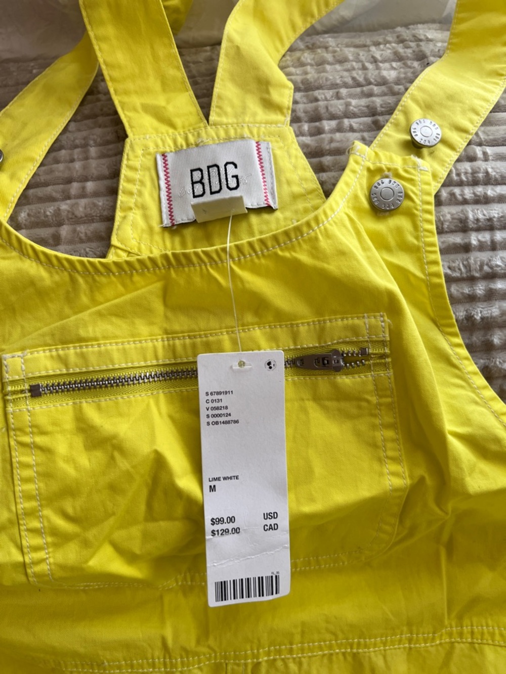 BDG Bright Lime Yellow Zip-Pocket Overalls